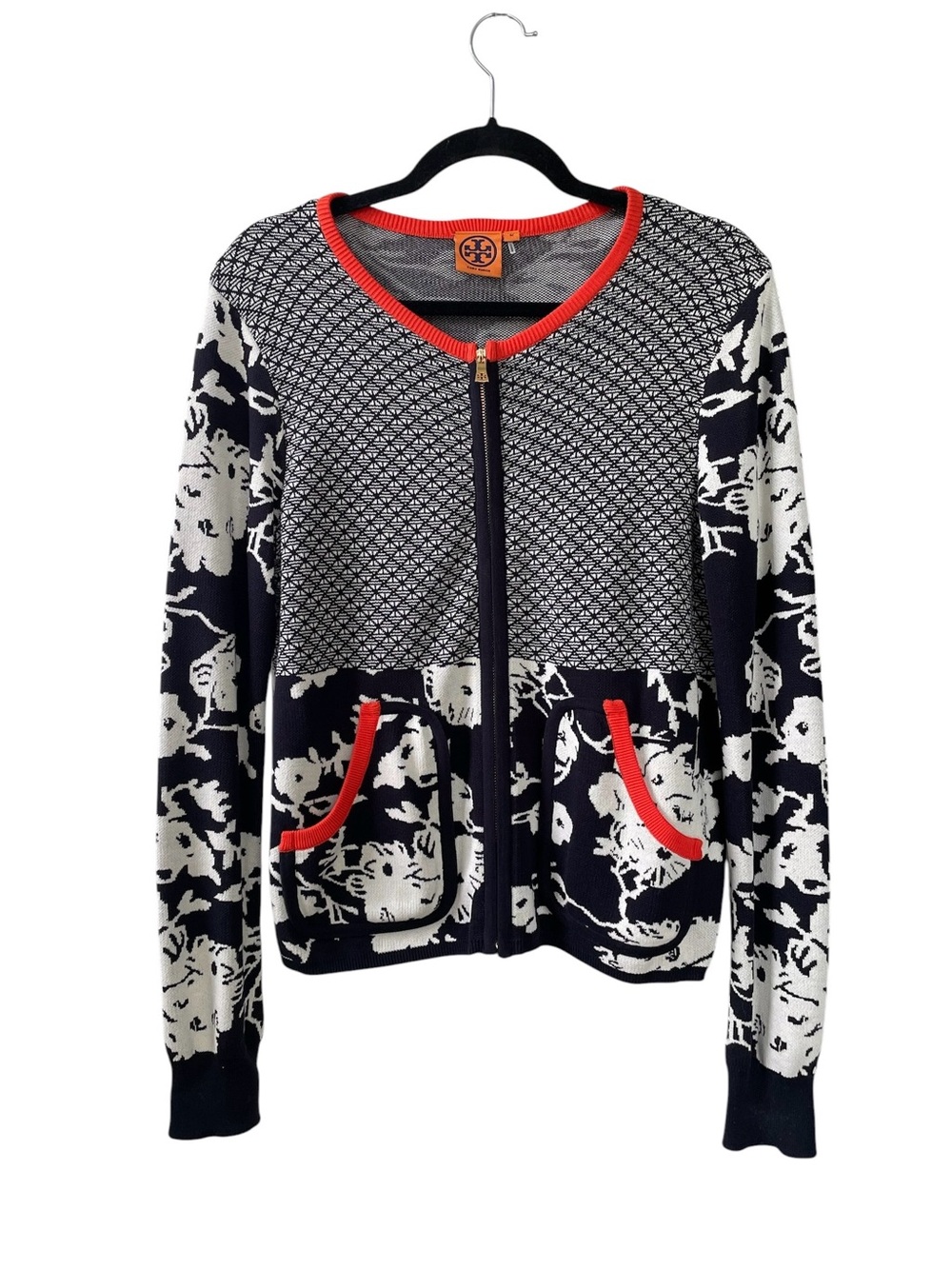 Tory Burch Navy White Floral Geometric Zip Front Cotton Cardigan M